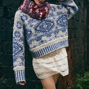 Blue And White Boho Women's Fuzzy Sweater